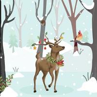 reindeer and cardinal bird in winter forest vector