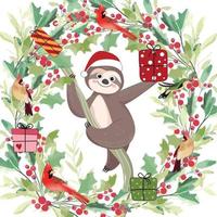 Cute sloth in holly wreath on christmas day vector