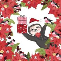 Cute sloth with presents and bird in christmas flower frame vector