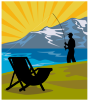 Fly fisherman fishing lake mountains chair png