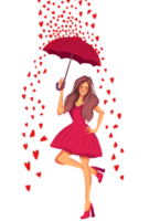fille avec parapluie et coeurs sur fond transparent pour affiche d'invitation de carte postale png