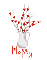 Digital illustration of a creative card for a holiday bouquet with red hearts in a vase and the signature happiness on a white background png