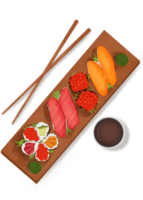 rollos de ilustración y sushi salmón atún aguacate wasabi caviar comida japonesa mariscos salsa de soja y palillos ilustración para el menú y el diseño del restaurante png