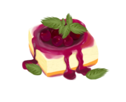 Illustration des berühmten Desserts der italienischen Küche Panna Cotta mit Heidelbeer-Minz-Johannisbeer-Sauce in zarten rot-rosa Korallen-Lila- und Grüntönen auf einem Teller png