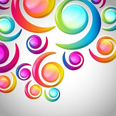 Abstract colorful spiral arc-drop pattern on a light background. Transparent colorful elements and circles design card.  Vector illustration.