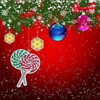 Christmas background with Christmas tree branches decorated with glass balls and toys. vector