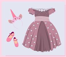 holiday shoes for girls, children's model shoes. Beautiful ball gown dress. Skirt with tulle and bow. Princess outfit. Vector illustration isolated.