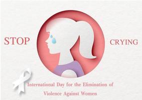 Silhouette of woman head crying in a pink circle with the name, slogan of campaign and white ribbon on paper pattern background. All in vector design and paper cut style.