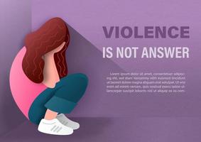 Woman sitting sad with shadow  and wording about International day for the elimination of Violence Against Women, example texts and purple paper pattern background. vector