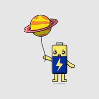 Cute cartoon Battery floating with planet balloon vector