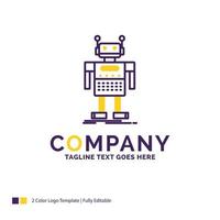 diseño de logotipo de nombre de empresa para robot. androide. artificial. bot. tecnología. diseño de marca púrpura y amarillo con lugar para eslogan. plantilla de logotipo creativo para pequeñas y grandes empresas. vector