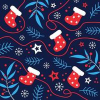 fondo decorativo navideño con copos de nieve y calcetines navideños vector