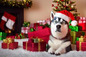 Cute husky dog wearing Santa's hat in a Christmas room with gift boxes.