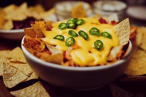 Bowl of cheddar cheese sauce with nachos, tortilla and jalapeno slices. photo