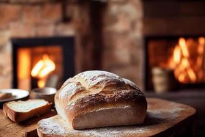 Freshly baked bread on rustic wooden table with fireplace in the background. photo