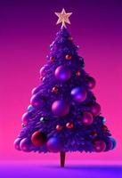 3d illustration. Purple Christmas tree with ornaments. Banner, copy space, ad photo