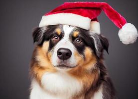 Adorable australian shepherd dog with Santa hat and Christmas decorations, cute photo