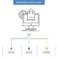 shopping. online. ecommerce. services. cart Business Flow Chart Design with 3 Steps. Line Icon For Presentation Background Template Place for text vector