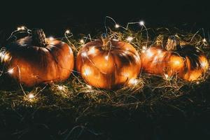 Pumpkins decorated with fairy lights for Halloween party outdoors photo