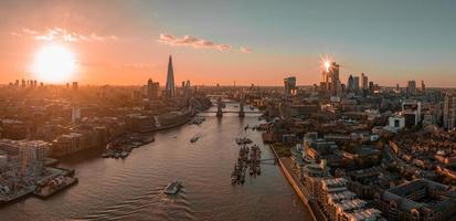 Aerial view of the London Tower Bridge at sunset.