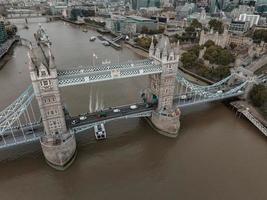 Aerial view of the Tower bridge, central London, from the South bank of the Thames. photo