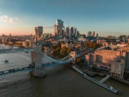 Aerial view of the London Tower Bridge at sunset. photo