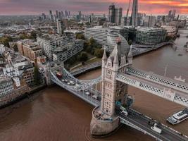 Aerial view of the Tower bridge, central London, from the South bank of the Thames. photo