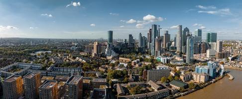 Aerial panoramic skyline view of Canary Wharf, the worlds leading financial district in London, UK. photo