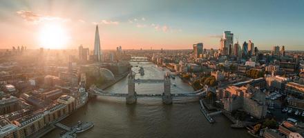 Aerial view of the London Tower Bridge at sunset. photo