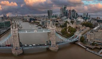 Aerial view of the Tower bridge, central London, from the South bank of the Thames. photo