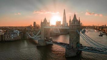 Aerial view of the London Tower Bridge at sunset. photo