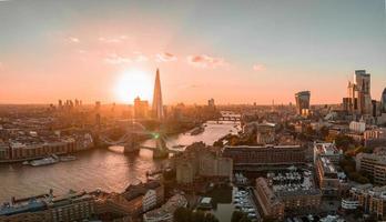 Aerial view of the London Tower Bridge at sunset. photo