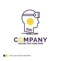 Company Name Logo Design For VR. googles. headset. reality. virtual. Purple and yellow Brand Name Design with place for Tagline. Creative Logo template for Small and Large Business. vector