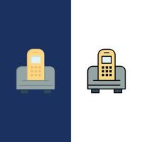 dispositivo móvil celular hardware iconos plano y línea lleno icono conjunto vector fondo azul