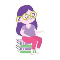 niña estudiante sentada en una pila de libros escuela de dibujos animados icono aislado diseño fondo blanco vector