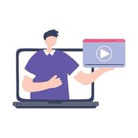 online training, man in screen computer video lesson, education and courses learning digital vector