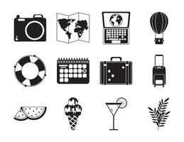 summer travel and vacation in silhouette style isolated icons set vector