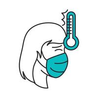 covid 19 coronavirus, mujer con máscara y fiebre, línea de pandemia de enfermedad de brote de prevención y icono de estilo de relleno vector