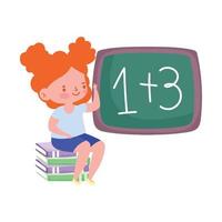 school little girl student sitting on books and chalkboard cartoon vector