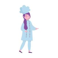 chef femenina con sombrero delantal dibujos animados icono de diseño aislado fondo blanco vector