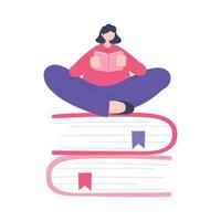 online training, girl reading book sitting on stack of books, education and courses learning digital vector