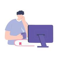 online training, boy studying with computer and book, education and courses learning digital vector