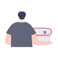 online training, back view boy with books, education and courses learning digital vector