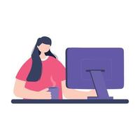 online training, woman using computer with coffee cup, education and courses learning digital vector