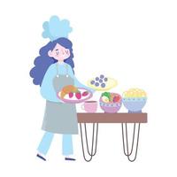 quédate en casa, chef mujer con diferentes dibujos animados de comida, actividades de cuarentena vector