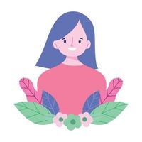 mujer joven personaje flores hojas follaje icono diseño vector