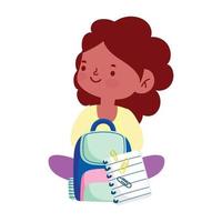 little student girl with backpack and paper cartoon character isolated icon vector