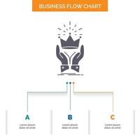 corona. honor. rey. mercado. diseño de diagrama de flujo de negocios reales con 3 pasos. icono de glifo para el lugar de plantilla de fondo de presentación para texto. vector