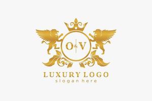 Initial OV Letter Lion Royal Luxury Logo template in vector art for Restaurant, Royalty, Boutique, Cafe, Hotel, Heraldic, Jewelry, Fashion and other vector illustration.