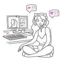 doodle PC streamer girl in a pink kitty suit vector